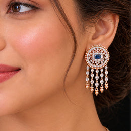 Royal Blue Stone Round CZ Tassel Earrings in Rose Gold Finish
