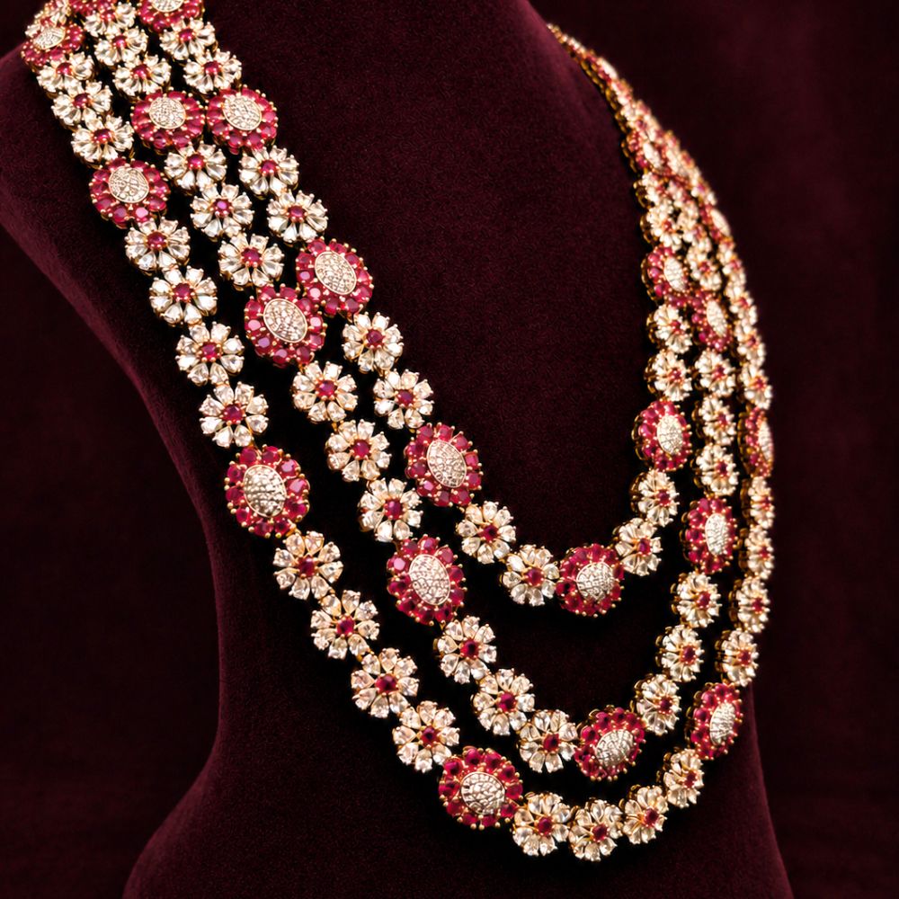 Ruby CZ Diamond Look Long Floral Haram Necklace in 925 Silver