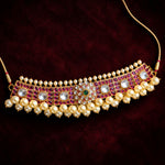 South Indian Pearl Choker Necklace in 925 Silver with Ruby Stones