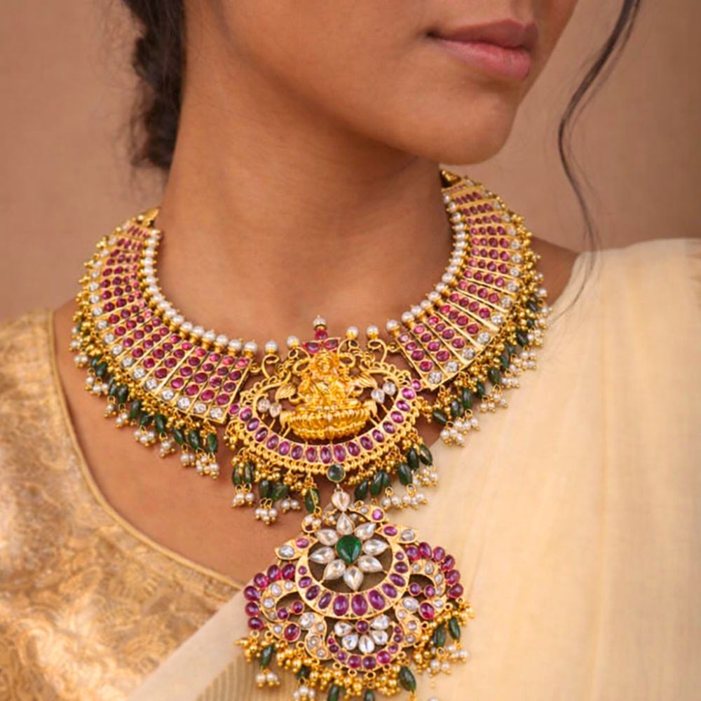 Temple Lakshmi Ruby Emerald Bridal Choker Necklace in 925 Silver