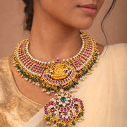 Temple Lakshmi Ruby Emerald Bridal Choker Necklace in 925 Silver