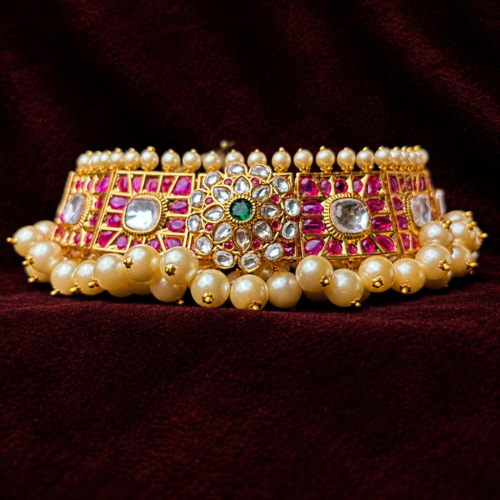 South Indian Pearl Choker Necklace in 925 Silver with Ruby Stones