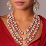 Ruby CZ Diamond Look Long Floral Haram Necklace in 925 Silver