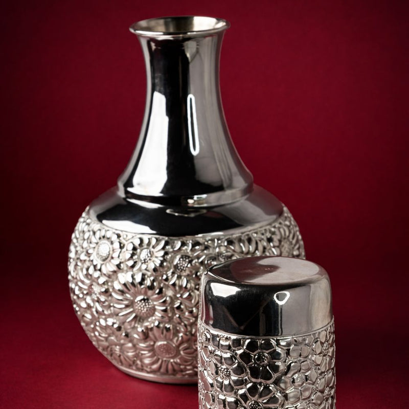 925 Silver Floral Engraved Water Pitcher and Glass Set