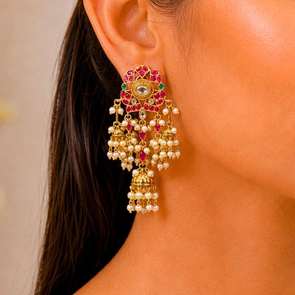 Antique Gold Polish Kundan Earrings with Ruby Stones & Pearls