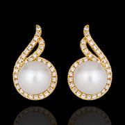 White Pearl with Diamond CZ Earrings Tops In 18Kt Gold Polish