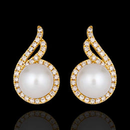 White Pearl with Diamond CZ Earrings Tops In 18Kt Gold Polish