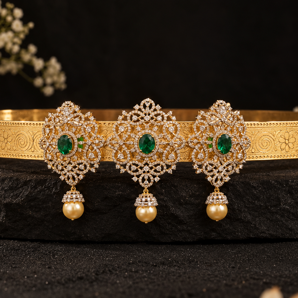 Emerald Green Stone &amp; Diamond Look Gold Polish Vaddanam Waist Belt