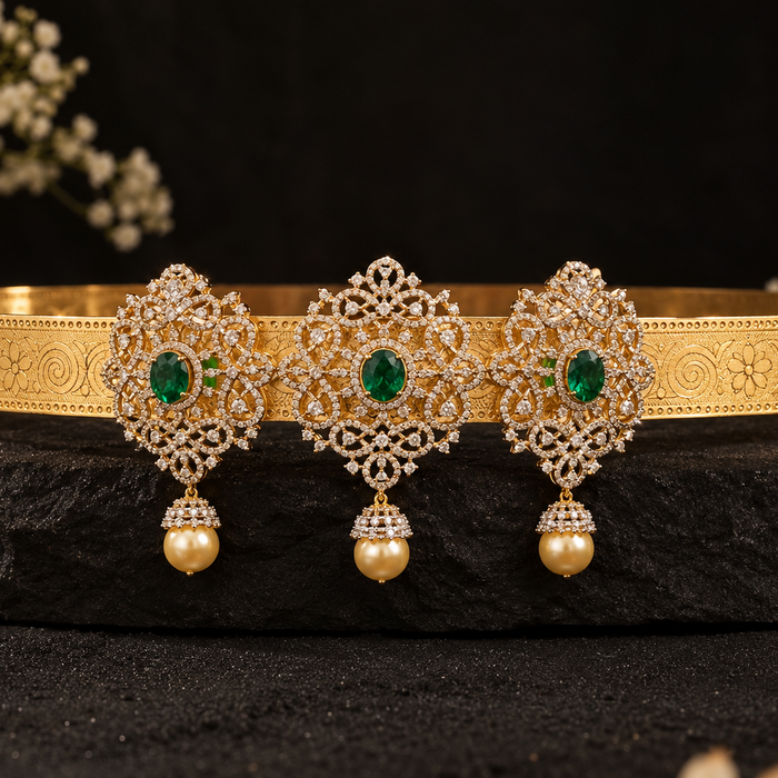 Emerald Green Stone &amp; Diamond Look Gold Polish Vaddanam Waist Belt