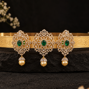 Emerald Green Stone & Diamond Look Gold Polish Vaddanam Waist Belt