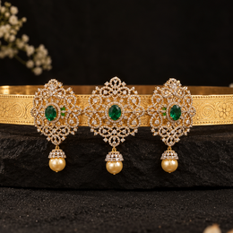 Emerald Green Stone & Diamond Look Gold Polish Vaddanam Waist Belt