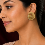 Traditional Pure Silver Gold Polish Peacock Motif Ear Stud Earrings with Diamond CZ
