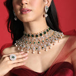 Emerald Diamond Look Pearl Choker Necklace in Gold Polish for Weddings