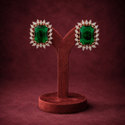 Ready to Ship - Emerald-Cut Green Stone Stud Earrings with Diamond-Style Halo