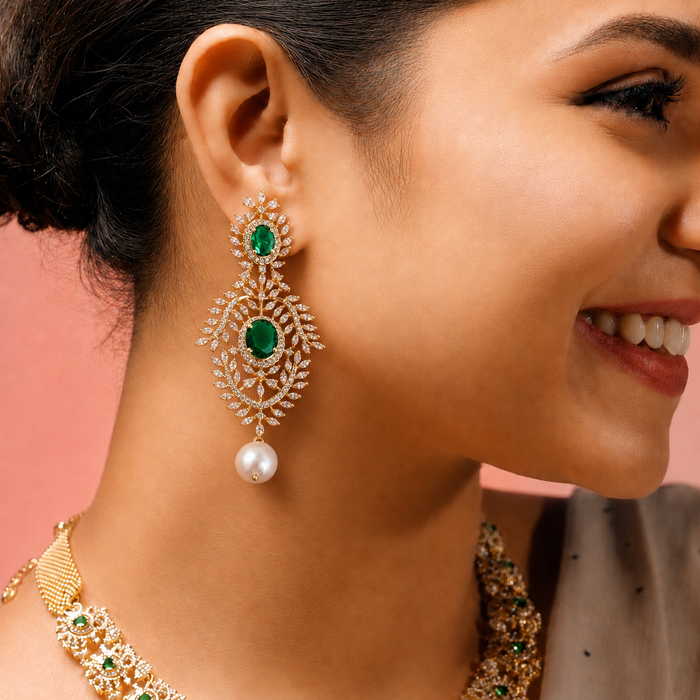 Ready to Ship - Emerald and Diamond-Style Statement Earrings with Pearl Drops