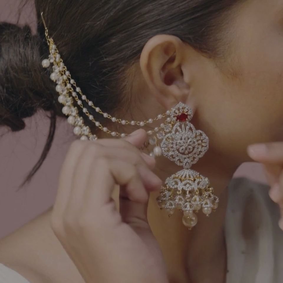 Exquisite Bridal Jhumkas Adorned with Cascading Pearl Drops