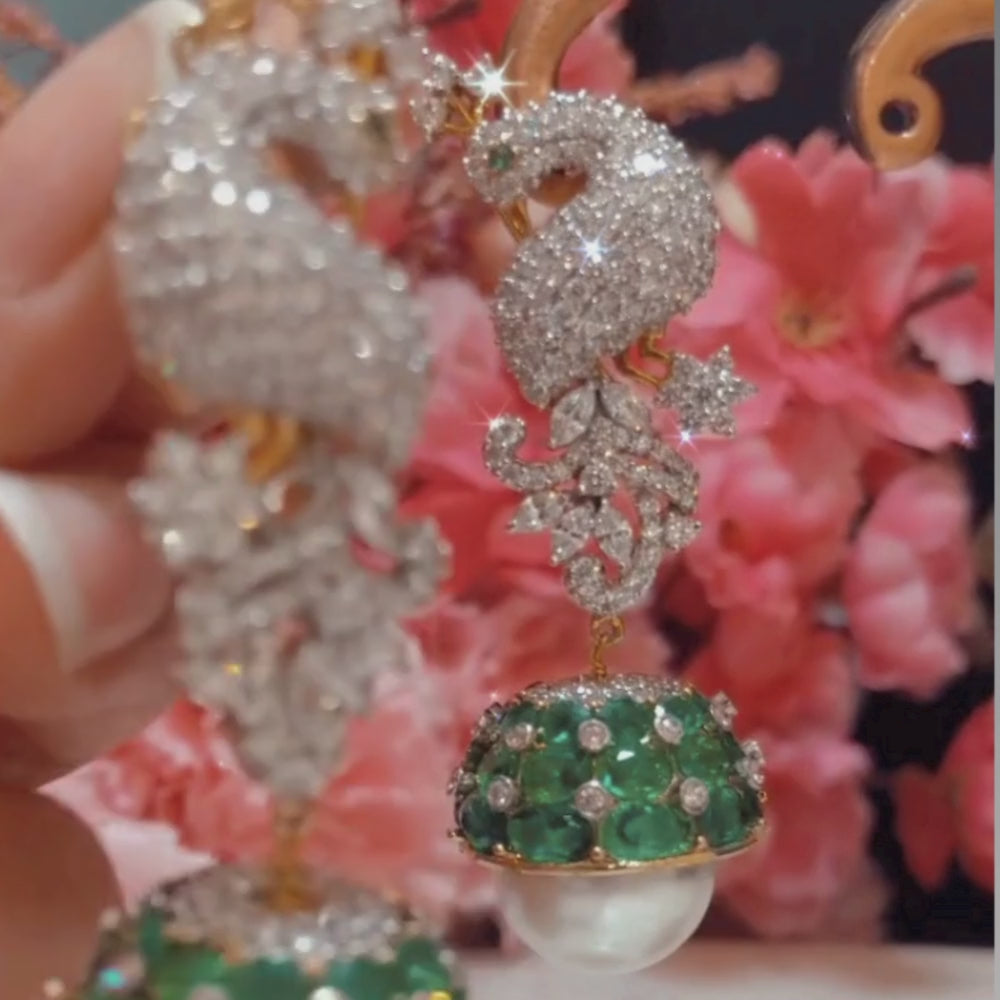 Diamond-Studded Peacock Earrings With Emeralds