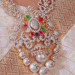 Regal Multi-Stone CZ Diamond Pendant Necklace with Pearls & Coral Beads – 18K Gold Plated Bridal Statement Jewelry