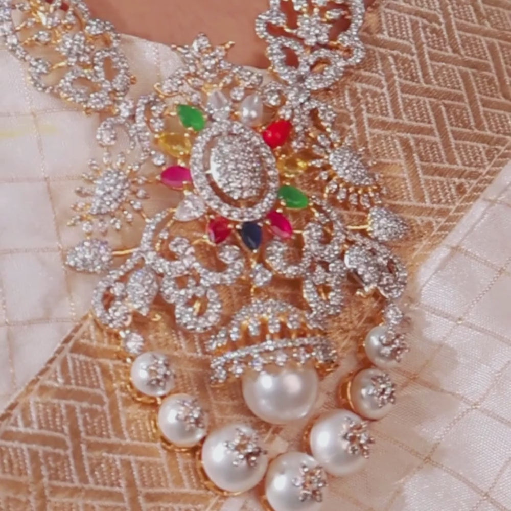 Regal Multi-Stone CZ Diamond Pendant Necklace with Pearls & Coral Beads – 18K Gold Plated Bridal Statement Jewelry