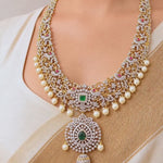 Emerald Pearl Diamond Floral Necklace in Gold Finish for Bridal Wear