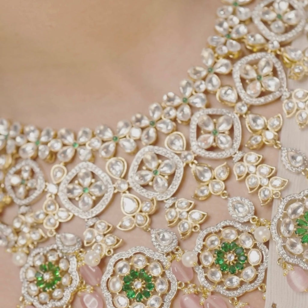 Rose Petal Radiance - Polki Necklace With Rose Quartz Hanging