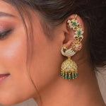 Peacock Cuff Earrings with Ruby Floral Design Diamond Look Jhumkas
