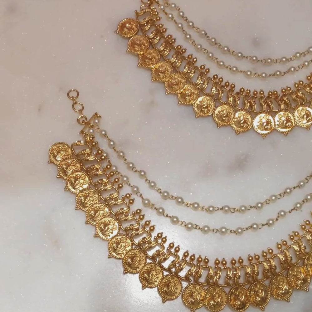 Gold Plated Peacock Kasu Ear Chain (Matilu) Design