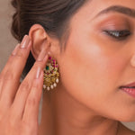 South Indian Ruby Emerald CZ Polki Pearl Drop Earrings in 925 Silver