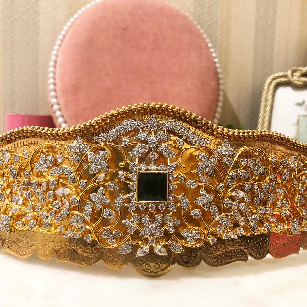 Grandness Redefined Gold Plated Vaddanam Design with CZ Diamonds